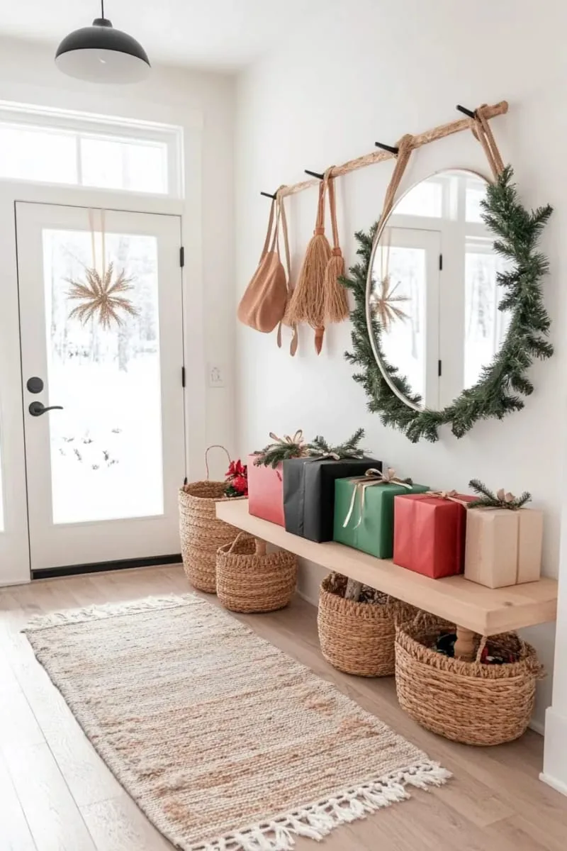 29 Best Christmas Decorations Trends You Can't Miss This Year 23 red and green present boxes stacked as chic entryway decor 1