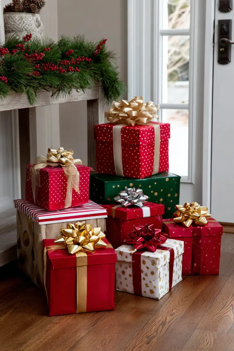 29 Best Christmas Decorations Trends You Can't Miss This Year 24 red and green present boxes stacked as chic entryway decor 1