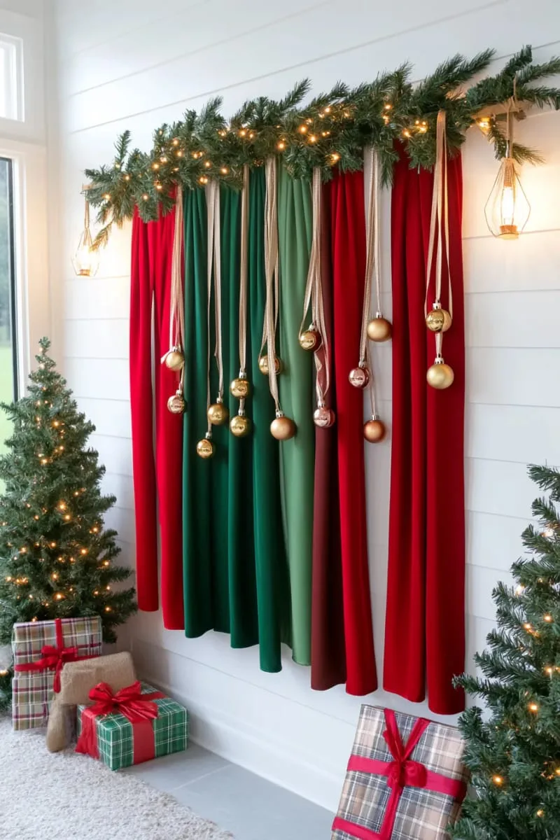 25 Best Christmas Window Decor Ideas to Try This Year 68 red and green ribbon curtain tied with jingle bells at the ends. 1