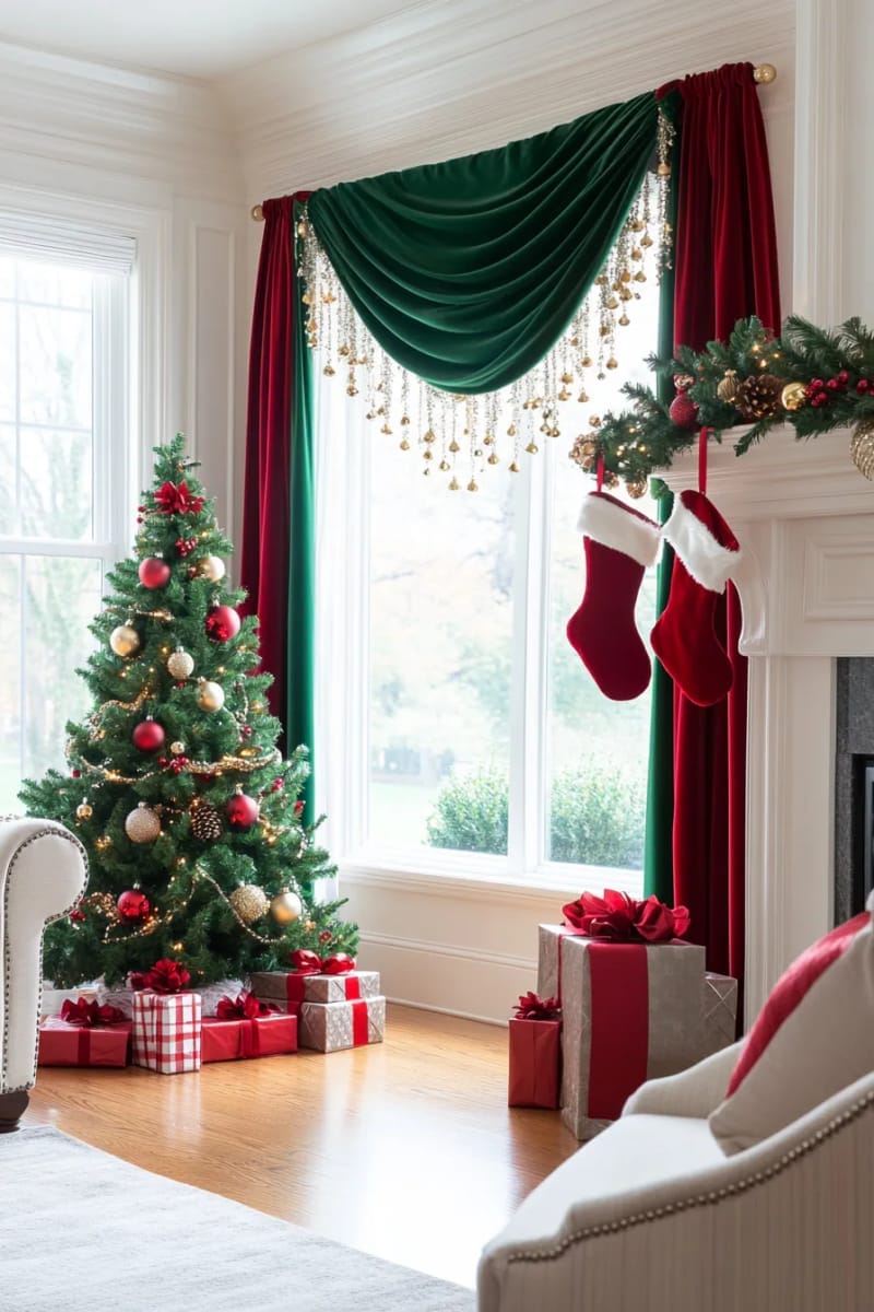 25 Best Christmas Window Decor Ideas to Try This Year 37 red and green ribbon curtain tied with jingle bells at the ends. 1