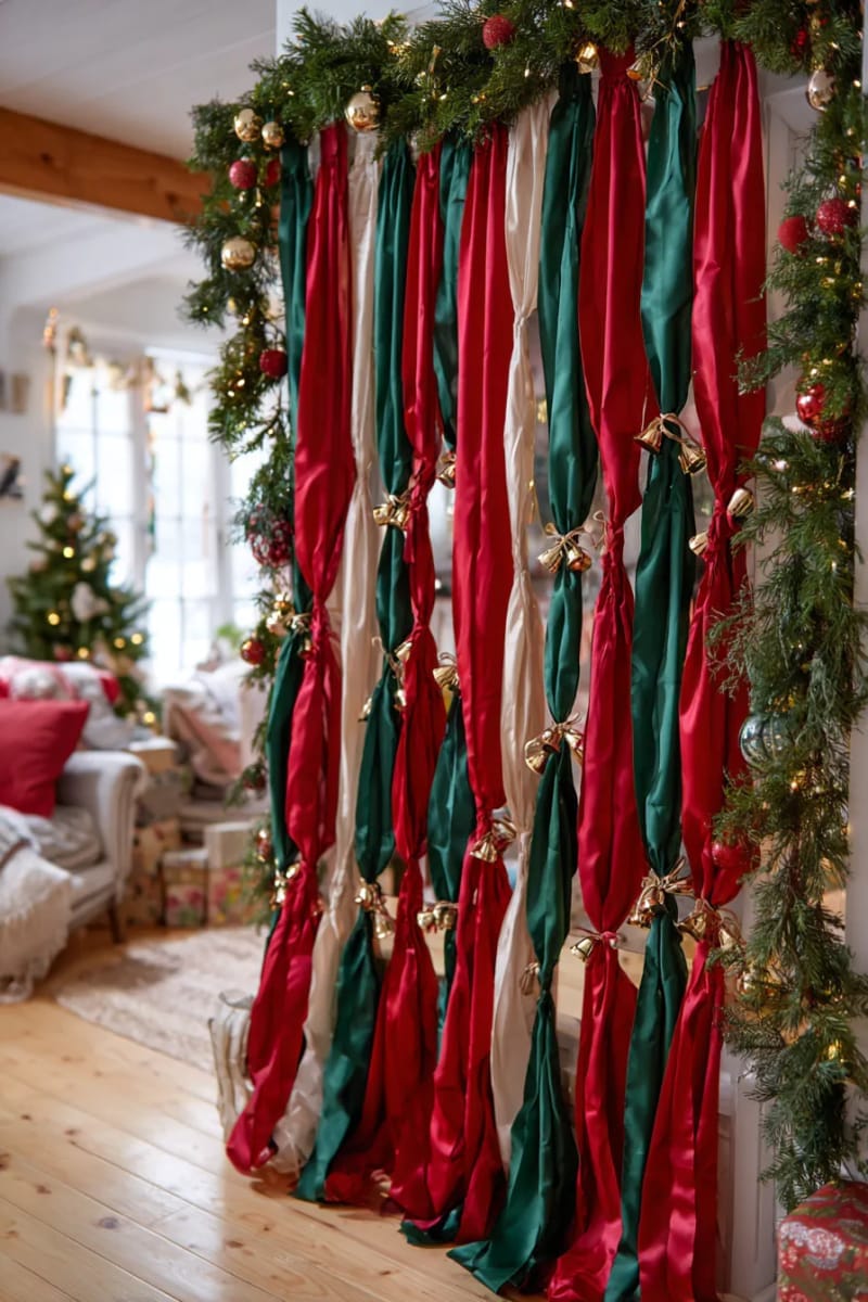 25 Best Christmas Window Decor Ideas to Try This Year 38 red and green ribbon curtain tied with jingle bells at the ends. 1