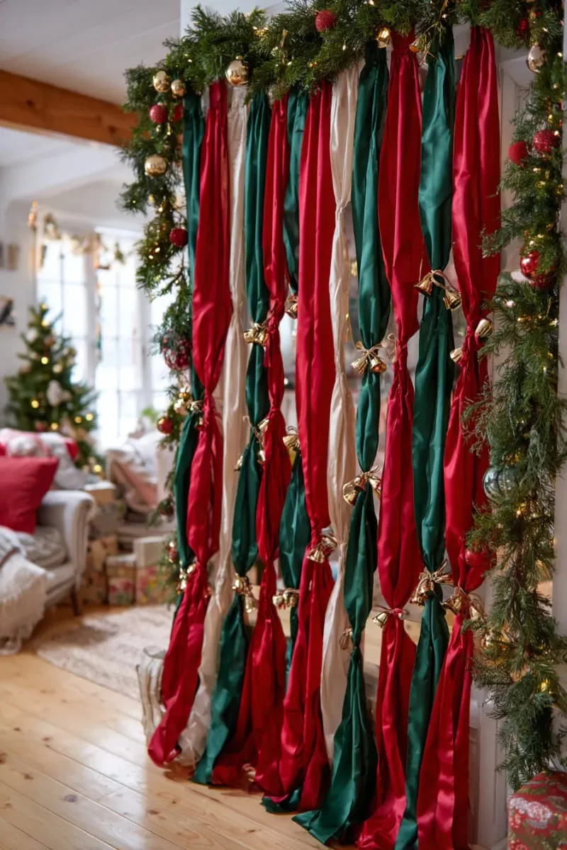 25 Best Christmas Window Decor Ideas to Try This Year 70 red and green ribbon curtain tied with jingle bells at the ends. 1