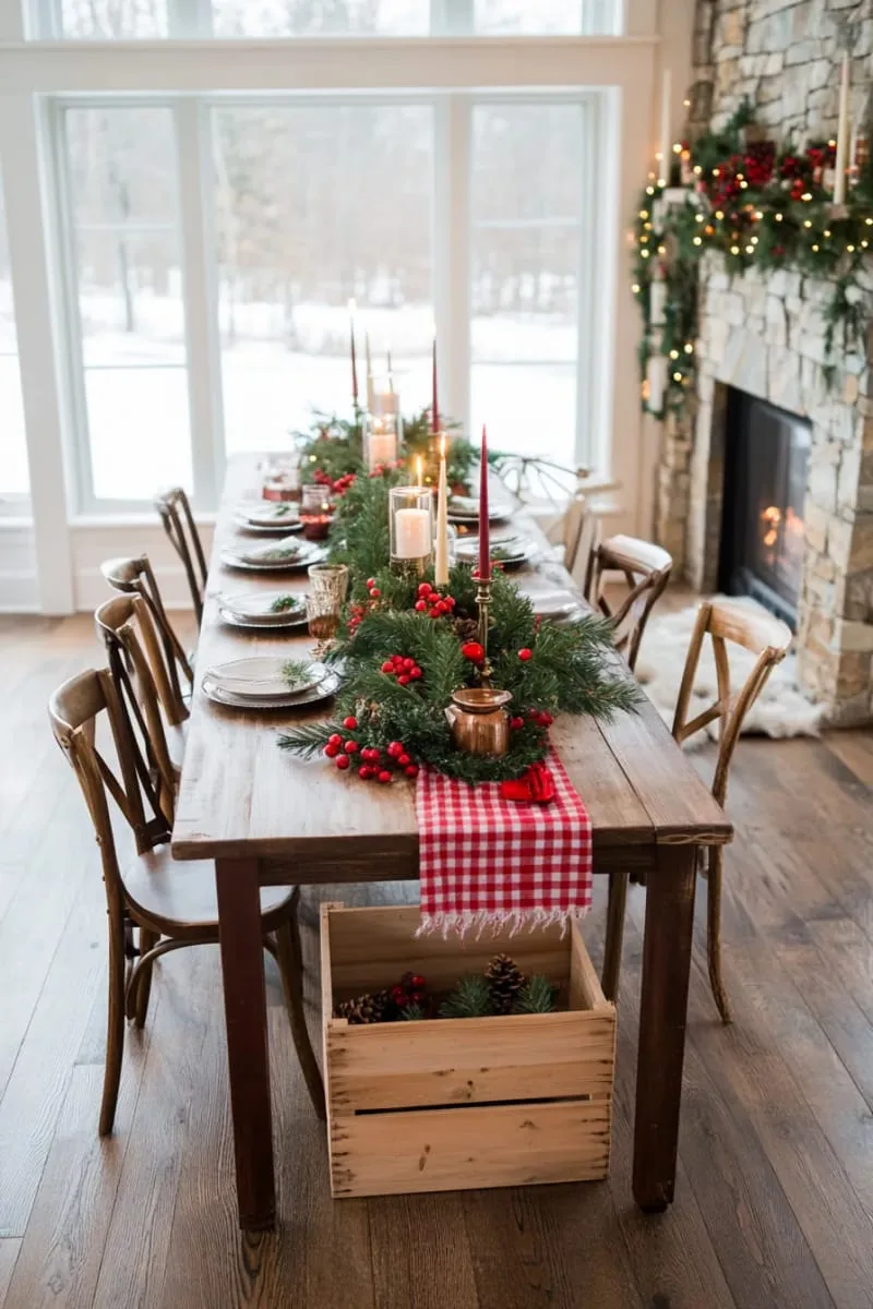 red and white checkered table runner with rustic centerpiece and pine sprigs 1