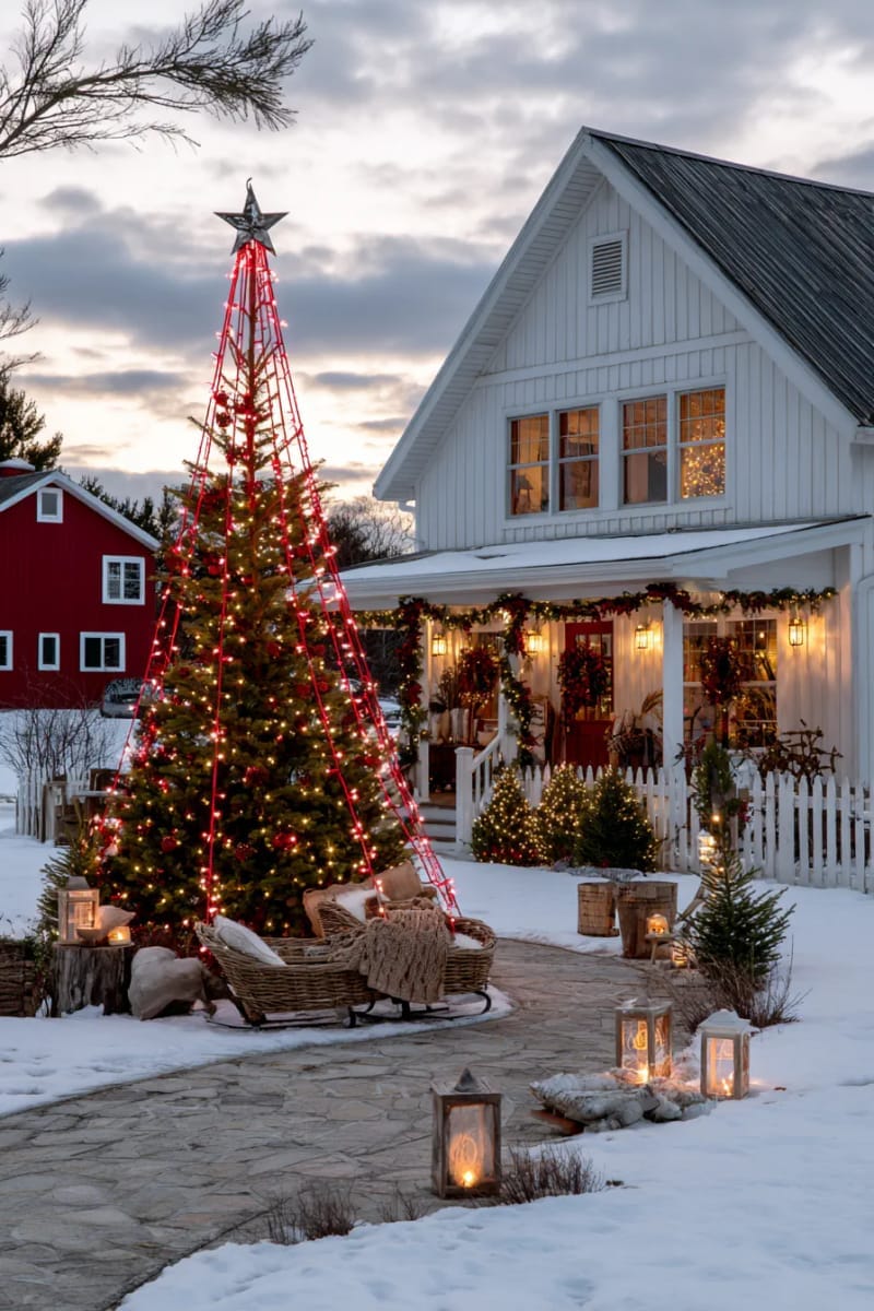 red and white flagpole lights forming a towering christmas tree silhouette 1
