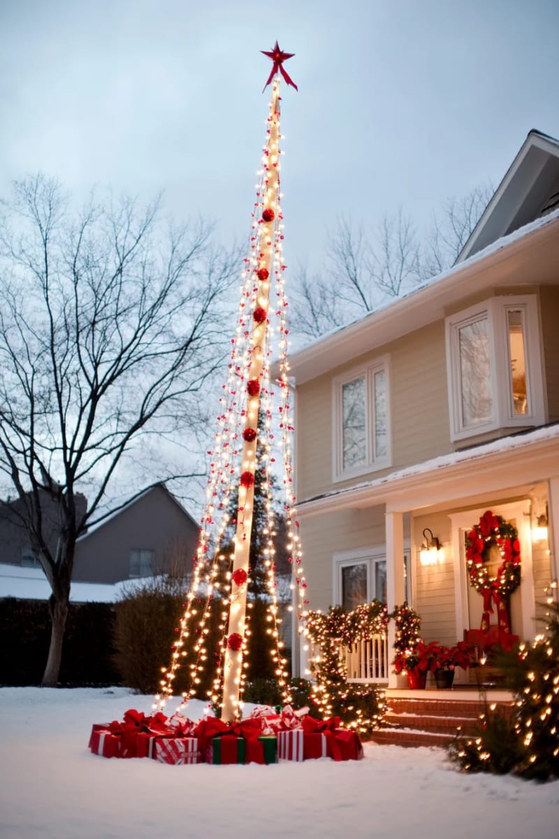 red and white flagpole lights forming a towering christmas tree silhouette 1