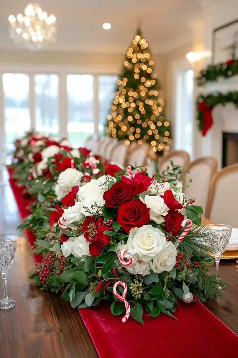 red and white floral centerpiece with peppermint swirl accents 1
