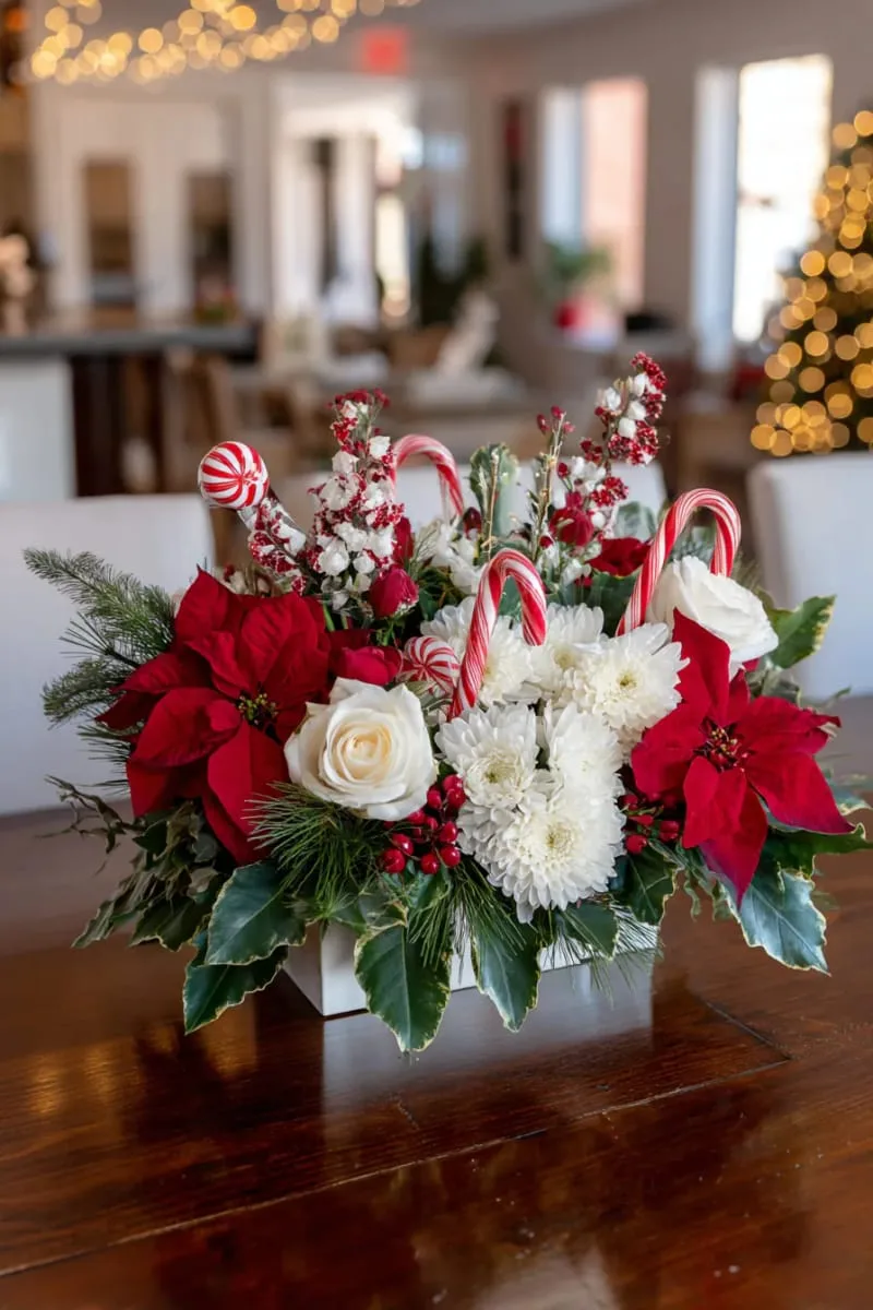 red and white floral centerpiece with peppermint swirl accents 1