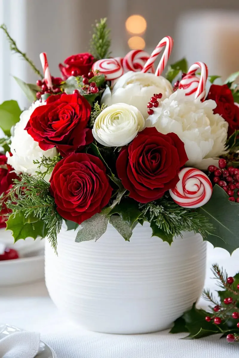 red and white floral centerpiece with peppermint swirl accents 1