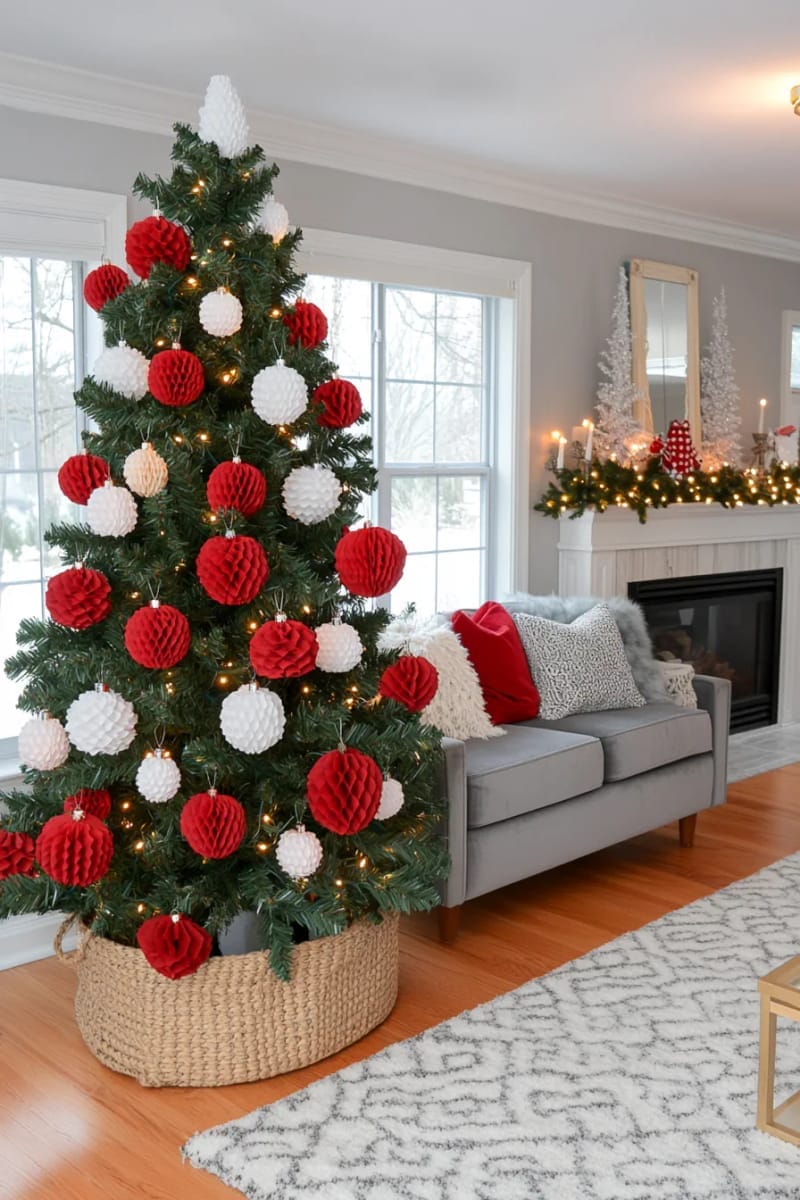 27 Stunning Christmas Decoration Crafts for a Unique 2025 3 red and white paper folded honeycomb ornaments for a festive tree look 1
