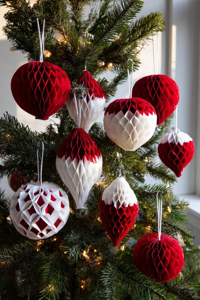 27 Stunning Christmas Decoration Crafts for a Unique 2025 6 red and white paper folded honeycomb ornaments for a festive tree look 1