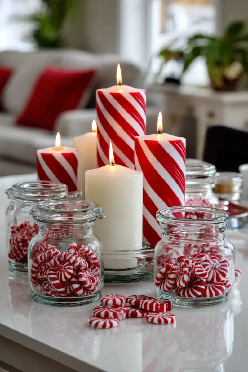 red and white peppermint motif centerpiece with glass jars and striped candles 1