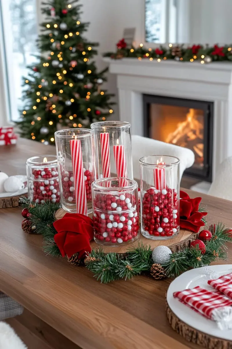 red and white peppermint motif centerpiece with glass jars and striped candles 1