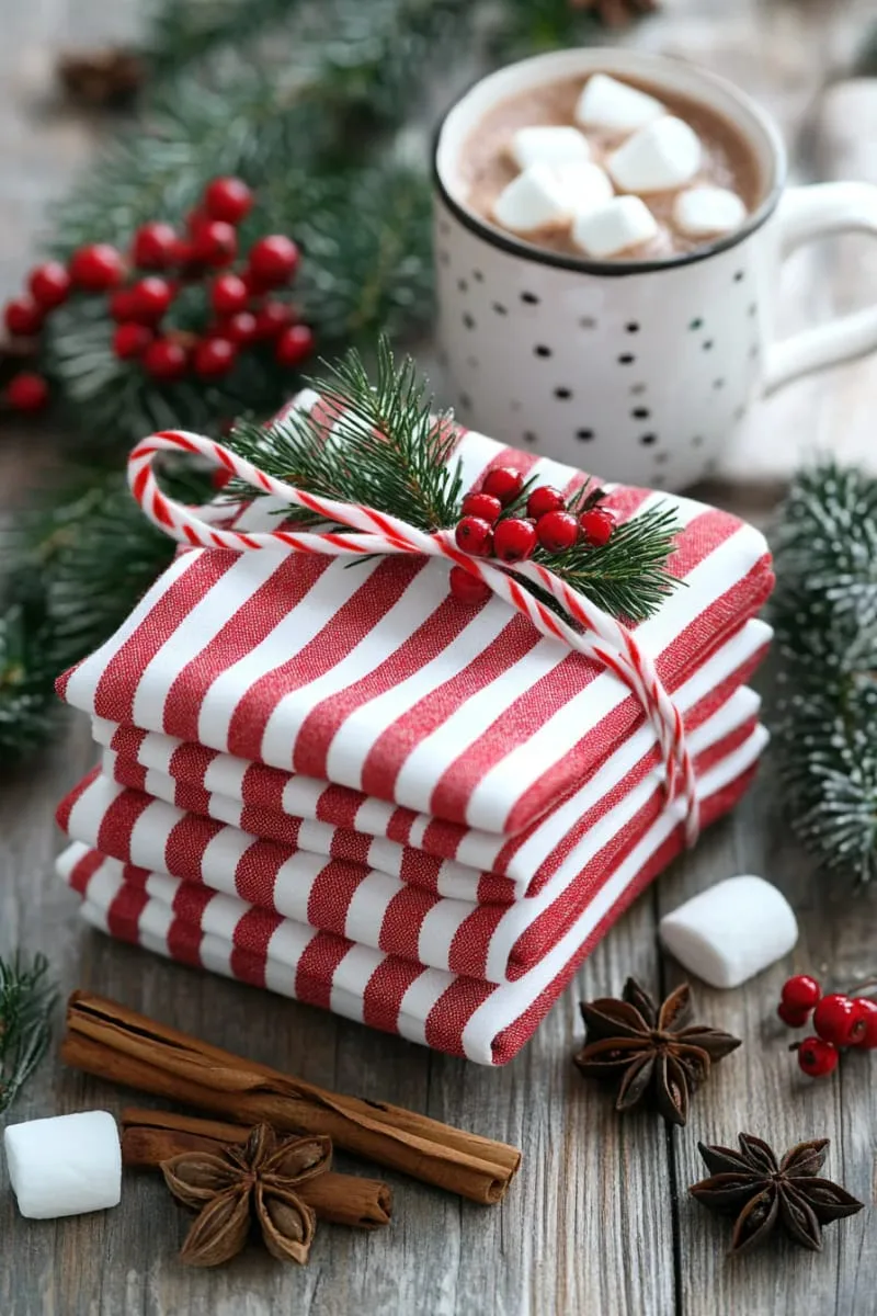 29 Creative Christmas Kitchen Decor Ideas You'll Absolutely Love 4 red and white striped napkins tied with candy cane string 1