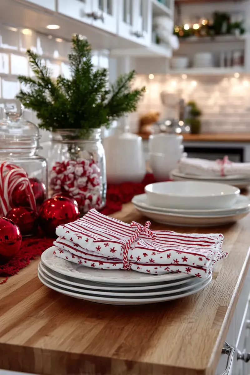 29 Creative Christmas Kitchen Decor Ideas You'll Absolutely Love 5 red and white striped napkins tied with candy cane string 1