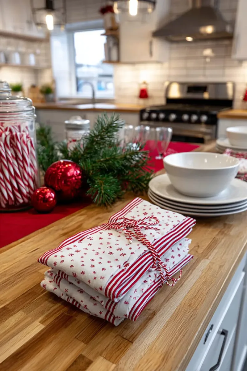 29 Creative Christmas Kitchen Decor Ideas You'll Absolutely Love 6 red and white striped napkins tied with candy cane string 1