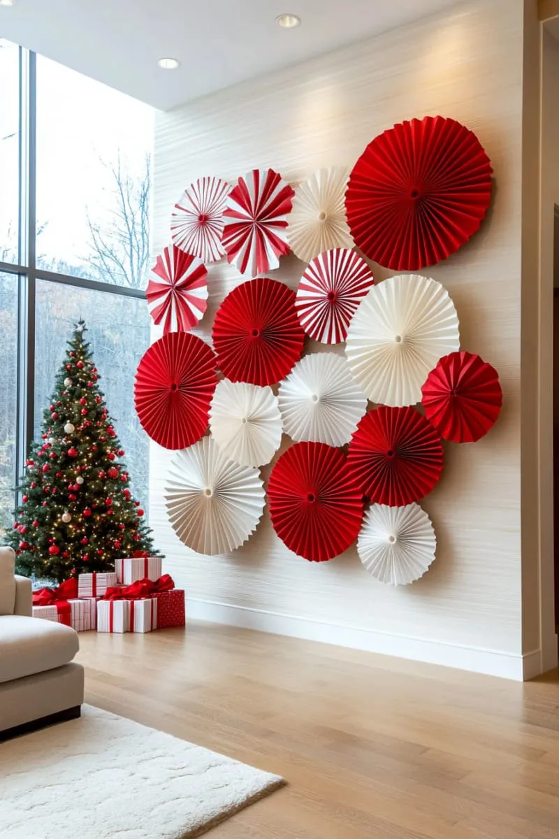 29 Best Christmas Decorations Trends You Can't Miss This Year 62 red and white striped paper fans for playful wall decor 1