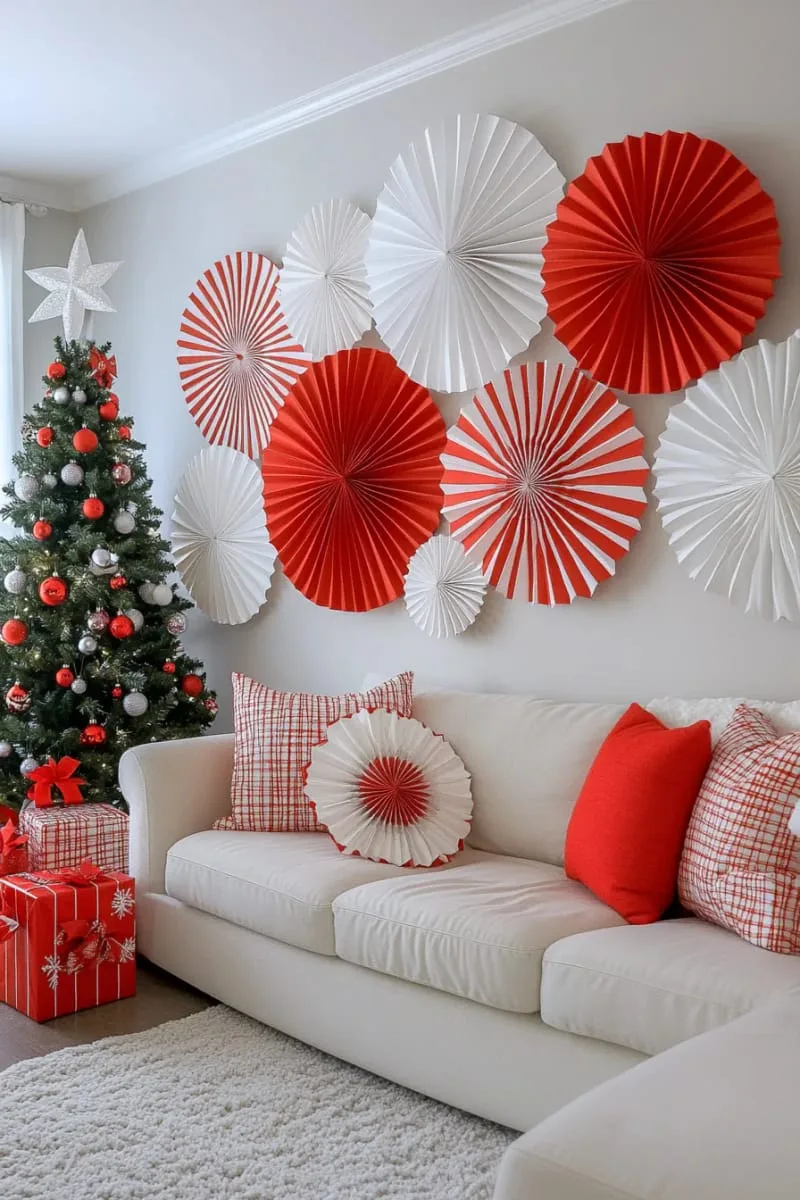 29 Best Christmas Decorations Trends You Can't Miss This Year 66 red and white striped paper fans for playful wall decor 1