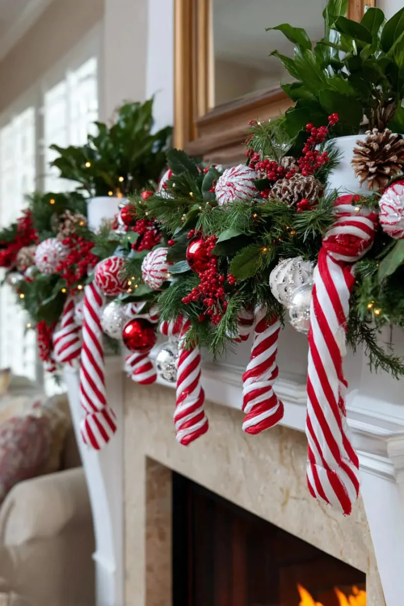 red and white striped ribbons cascading down with candy cane accents 1