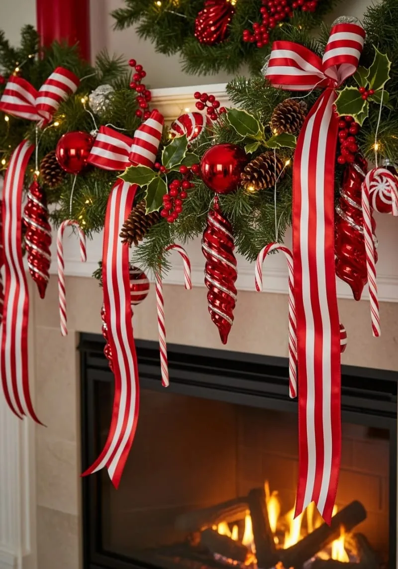 red and white striped ribbons cascading down with candy cane accents 1