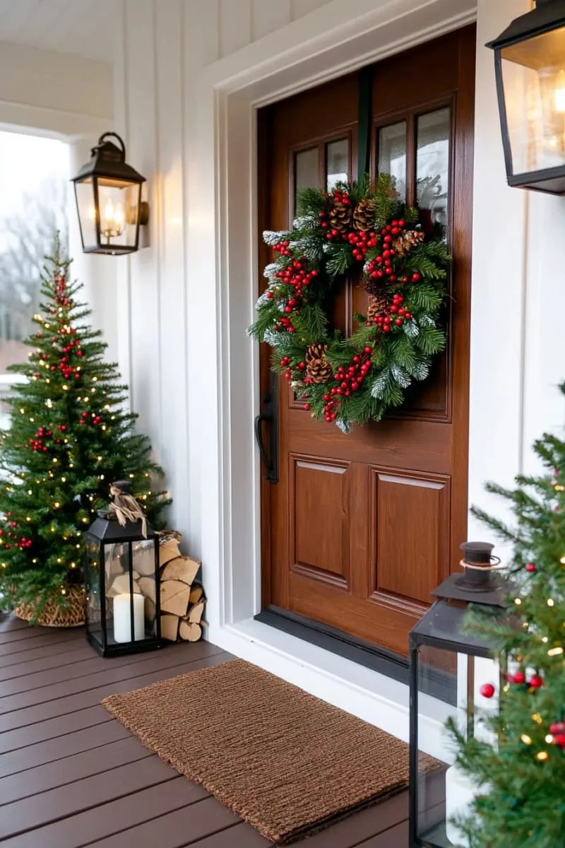 red berry and evergreen sprigs tucked into a classic christmas wreath 1
