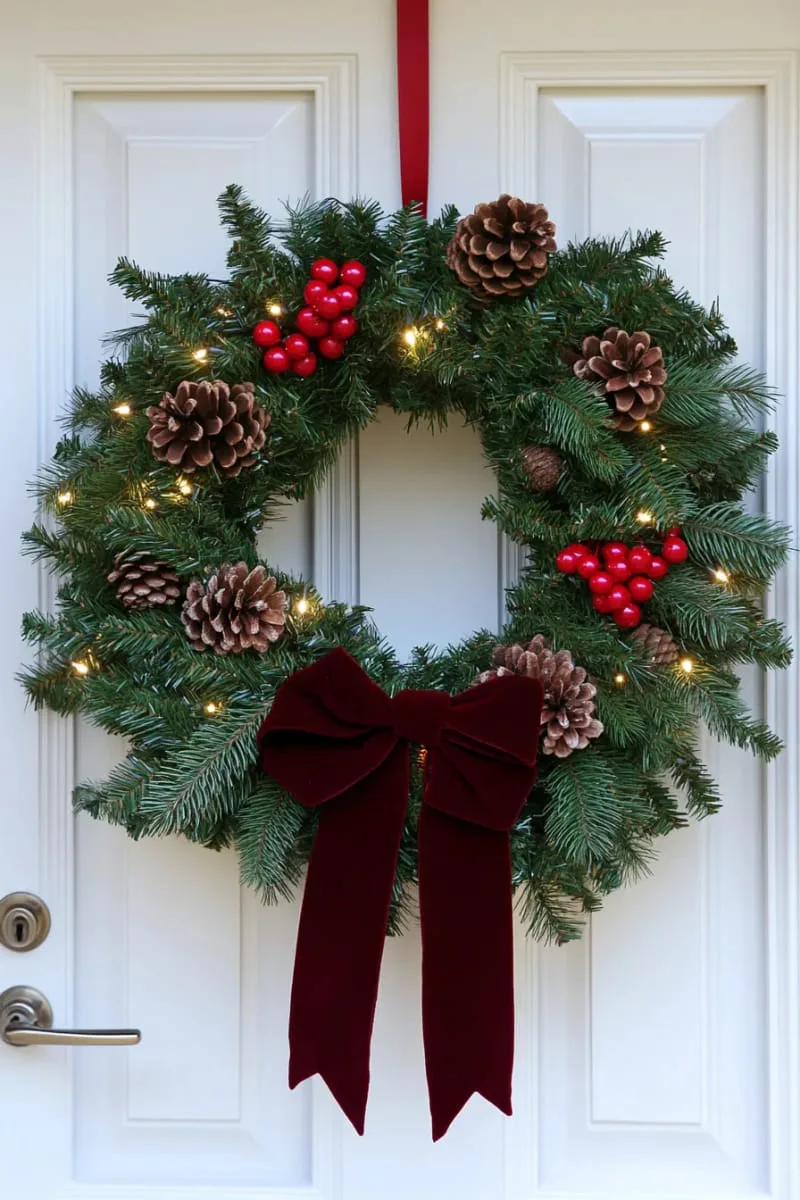 red berry and evergreen sprigs tucked into a classic christmas wreath 1