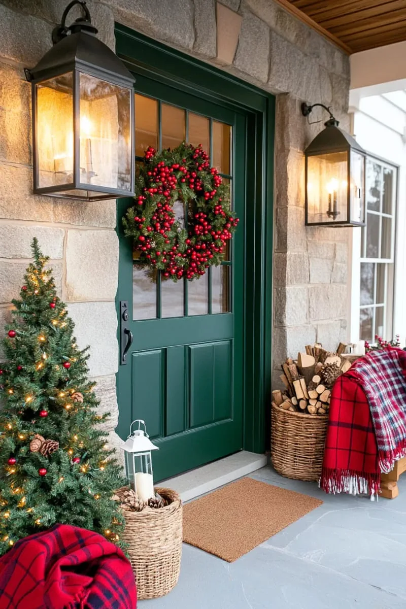 red berry and pinecone garland wrapped around the door frame 1