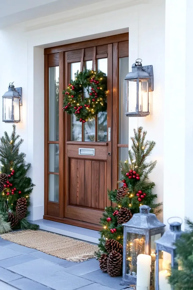 red berry and pinecone garland wrapped around the door frame 1