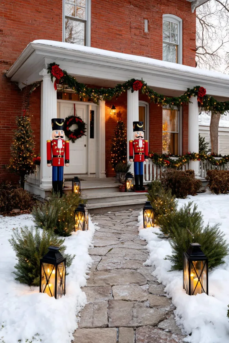 23 Exterior Christmas Decor Ideas Guests Will Remember All Season Long 49 red brick house accented with nutcracker statues and glowing pathway lanterns 1
