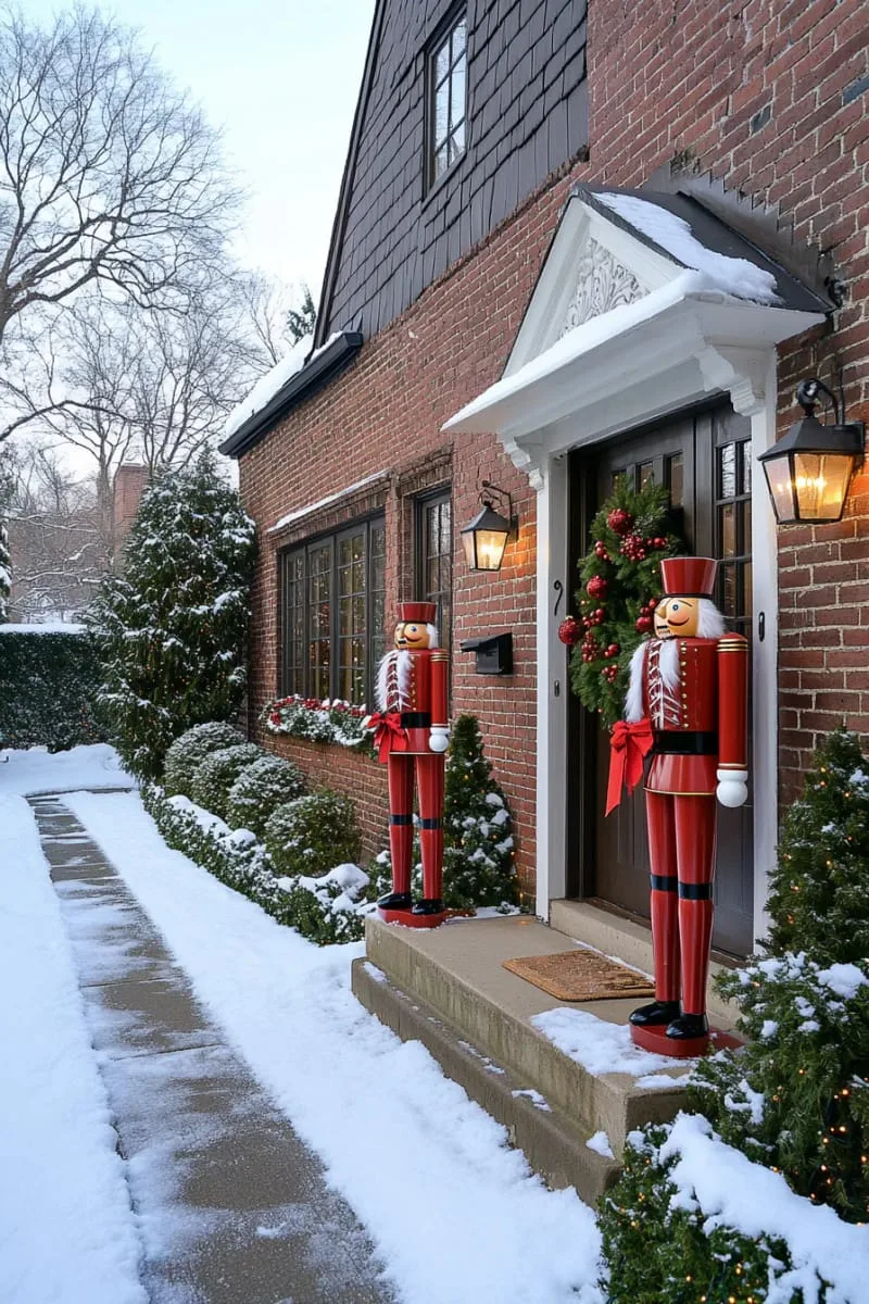 23 Exterior Christmas Decor Ideas Guests Will Remember All Season Long 50 red brick house accented with nutcracker statues and glowing pathway lanterns 1