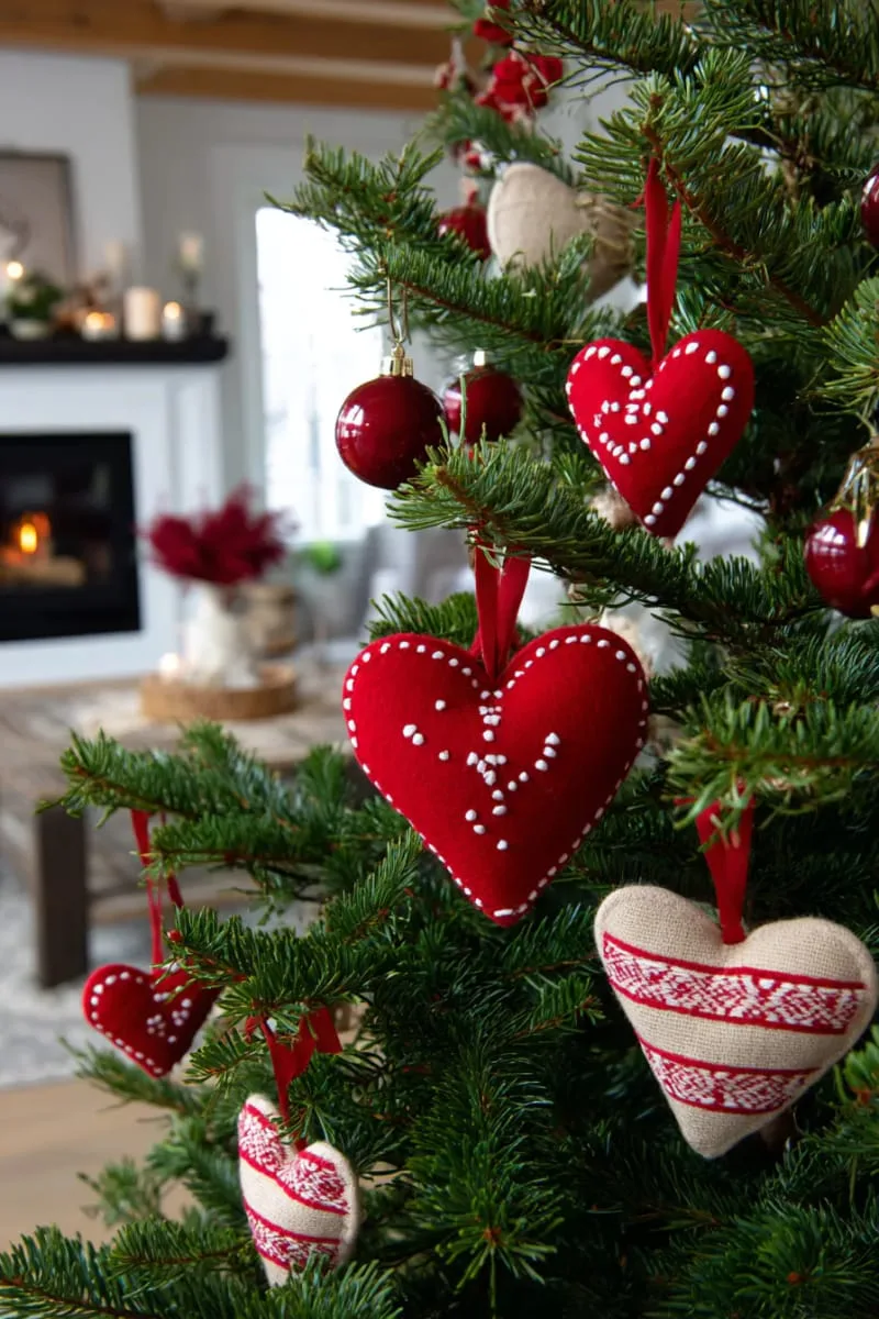 red felt and bead scandinavian heart ornaments 1