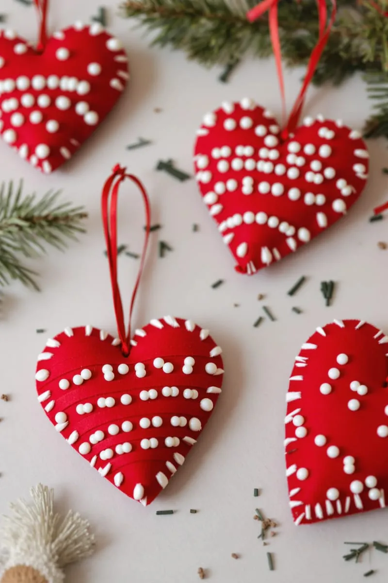 red felt and bead scandinavian heart ornaments 1