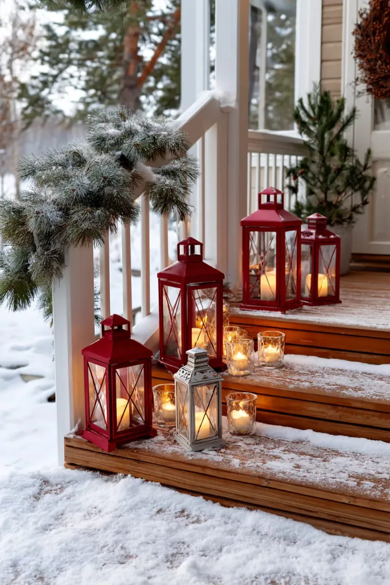 red lanterns and glass votives glowing on a snowy porch at dusk 1