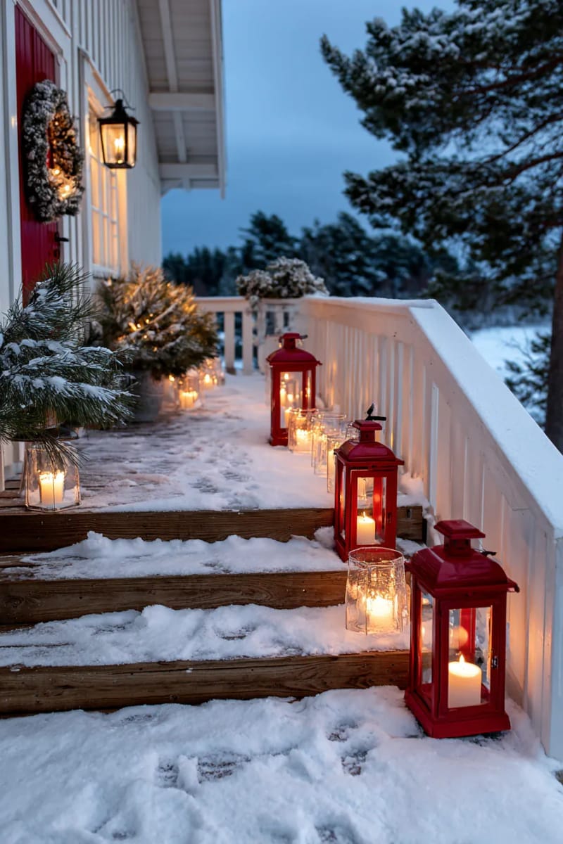 red lanterns and glass votives glowing on a snowy porch at dusk 1