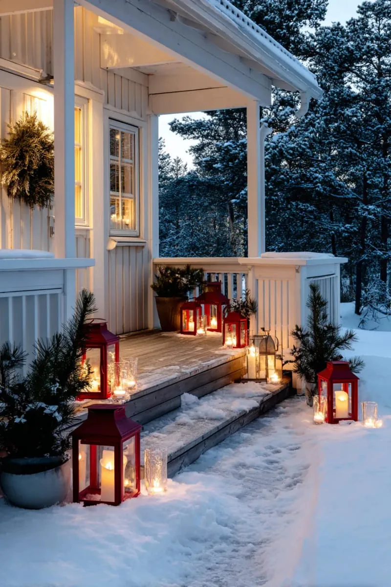red lanterns and glass votives glowing on a snowy porch at dusk 1