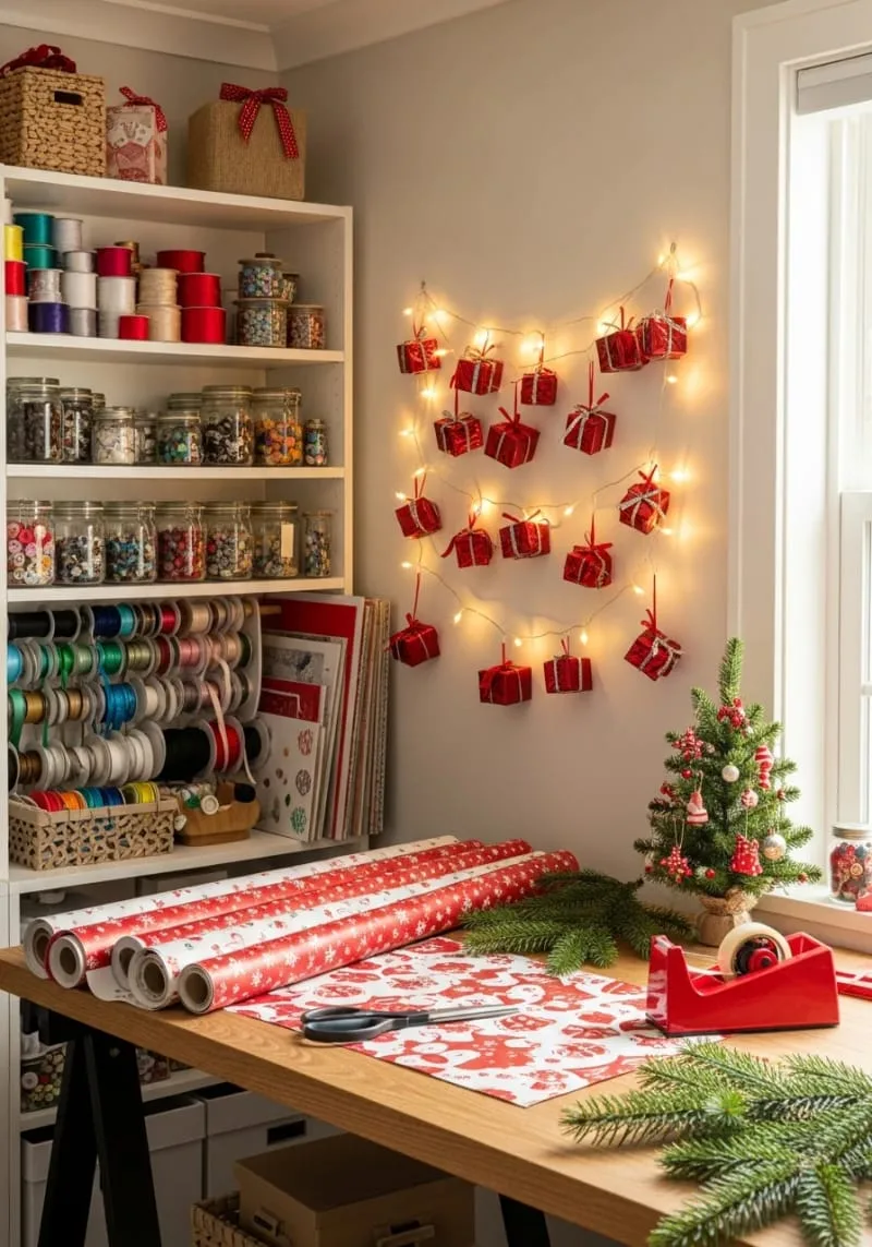 red mini gift boxes hanging on string lights for a whimsical wall accent 1