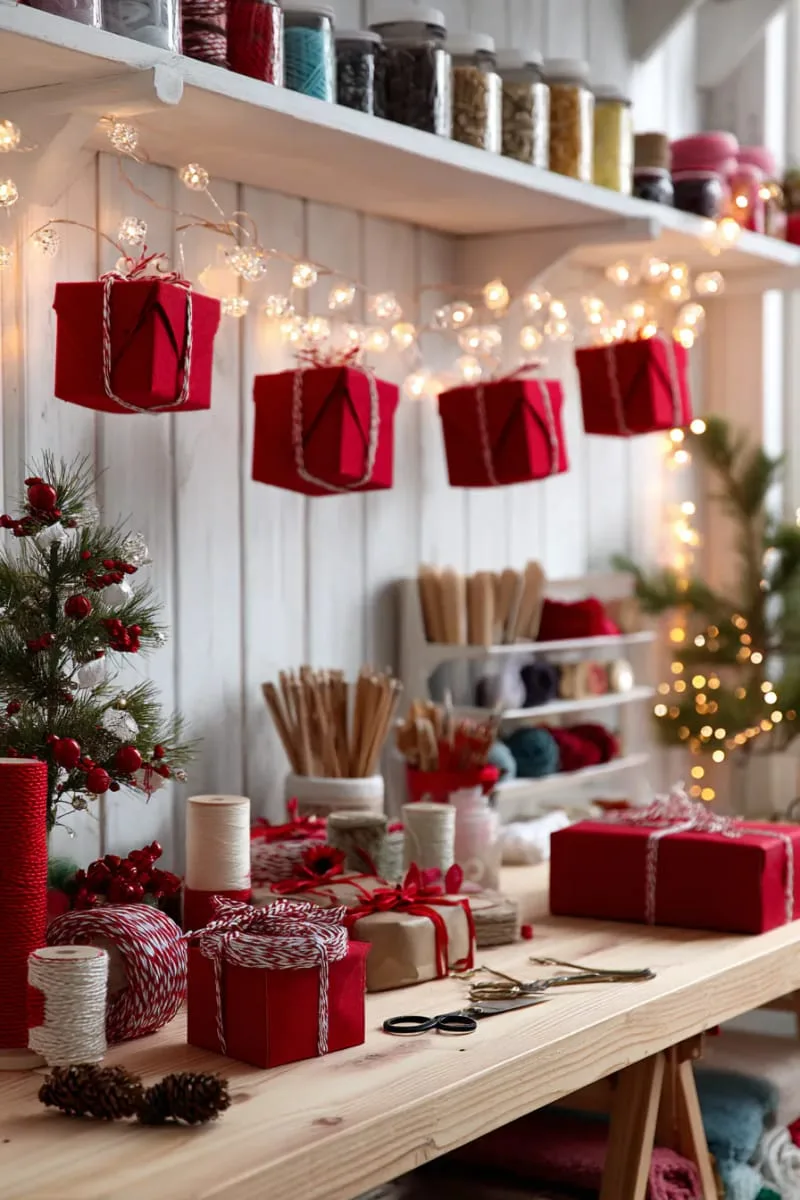 red mini gift boxes hanging on string lights for a whimsical wall accent 1