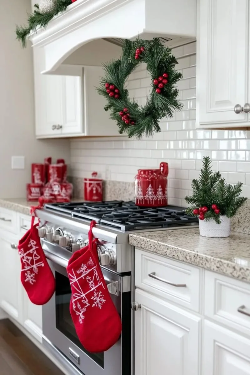 29 Creative Christmas Kitchen Decor Ideas You'll Absolutely Love 36 red oven mitts and towels hung on cabinet handles 1