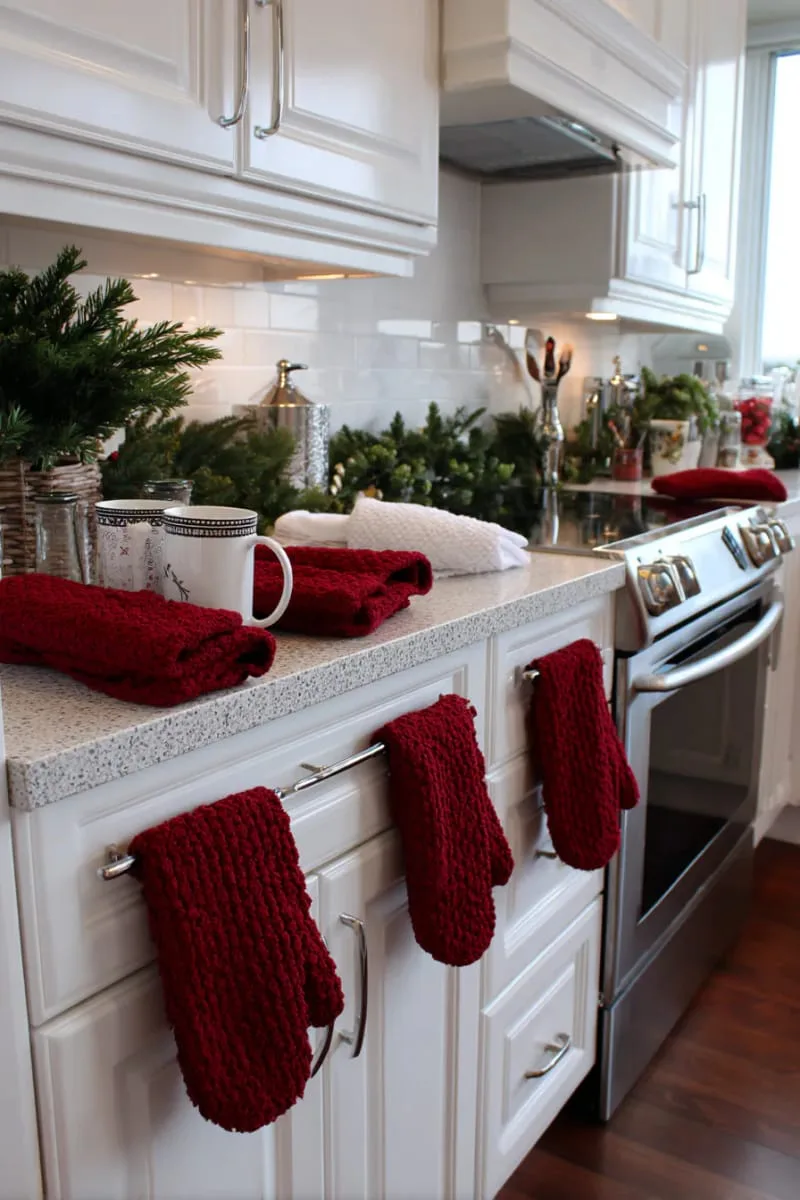 29 Creative Christmas Kitchen Decor Ideas You'll Absolutely Love 37 red oven mitts and towels hung on cabinet handles 1