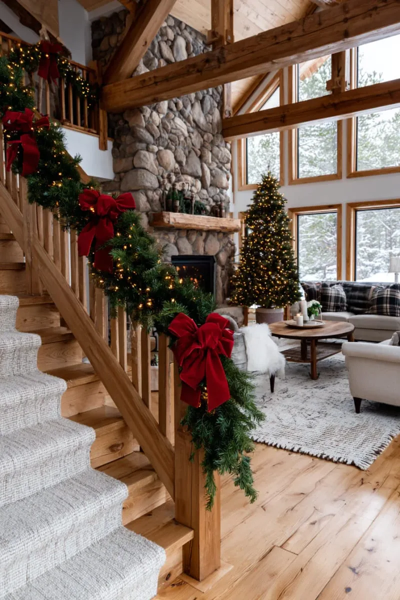 red velvet bows and pine garland wrapping a country-style staircase banister 1