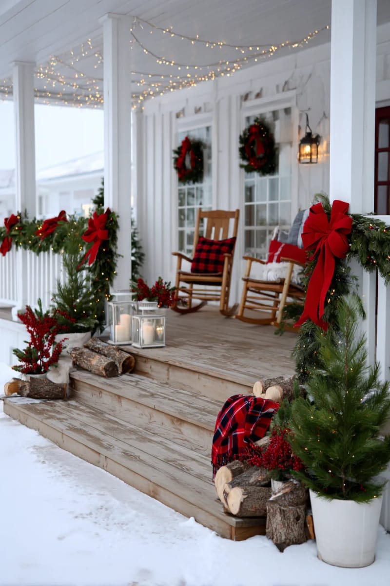 red velvet bows and pine garland wrapping a country-style staircase banister 1