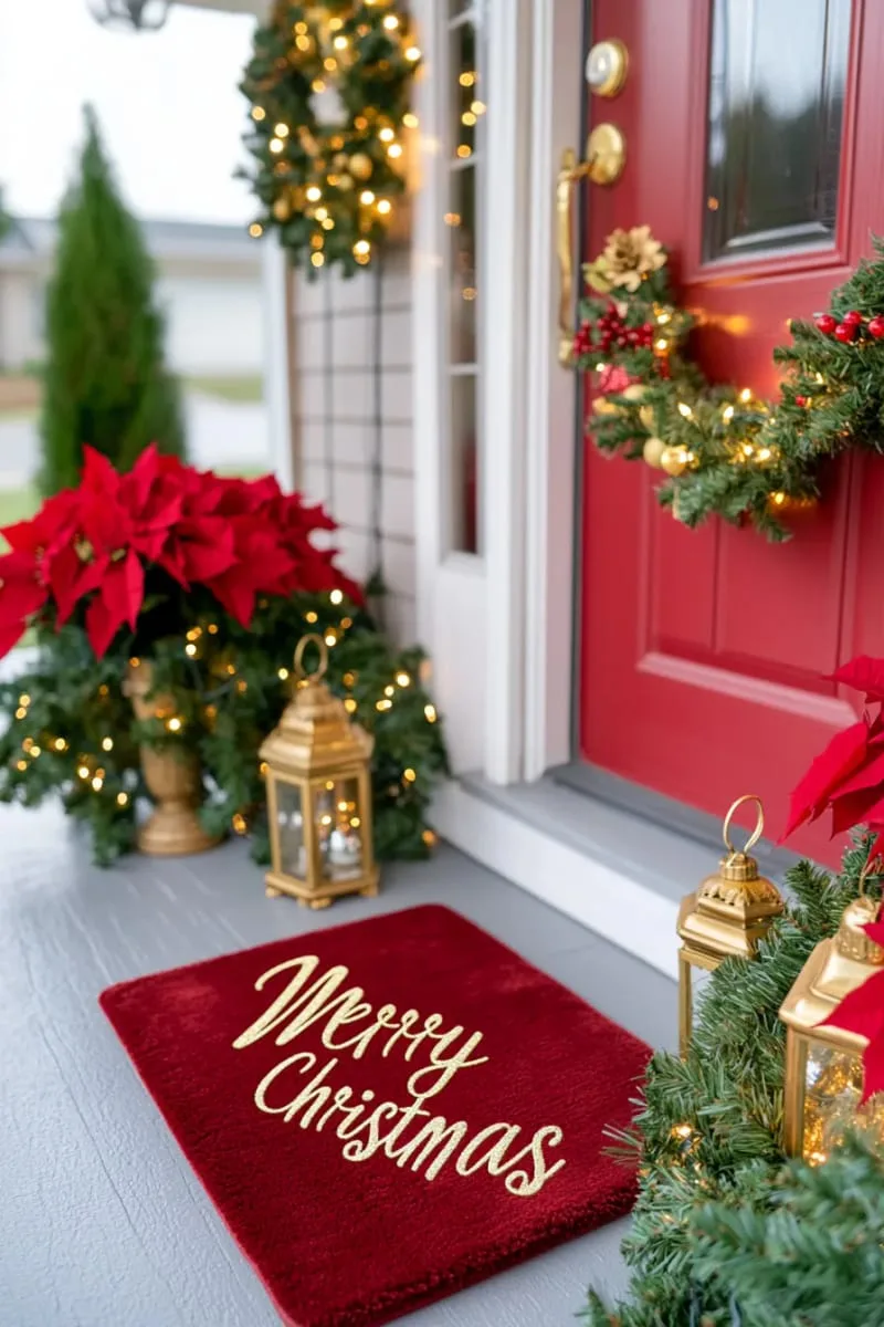 red velvet doormat with gold script “merry christmas” for a festive welcome 1