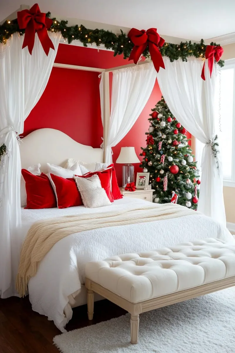 red velvet ribbon bows tied to curtain rods and closet handles 1