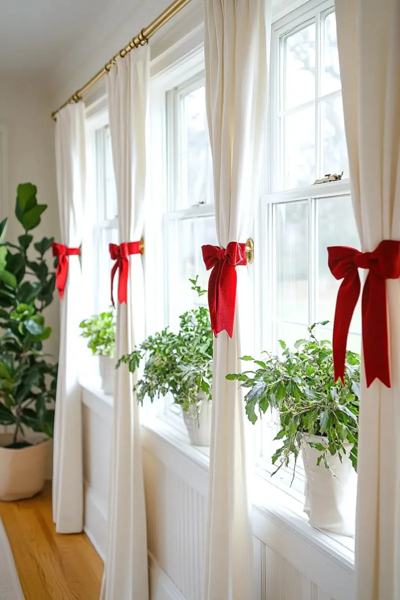 red velvet ribbon bows tied to curtain rods and closet handles 1