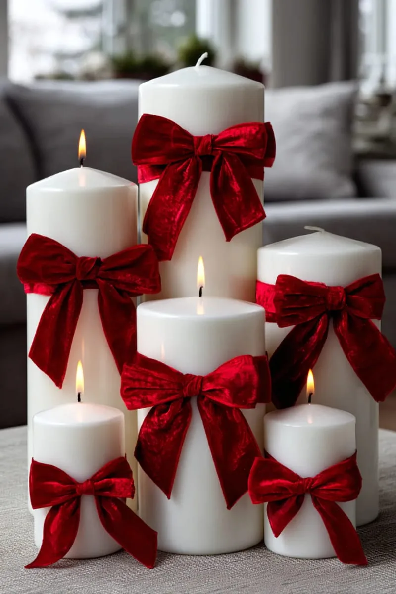 red velvet ribbon tied around white pillar candles 1