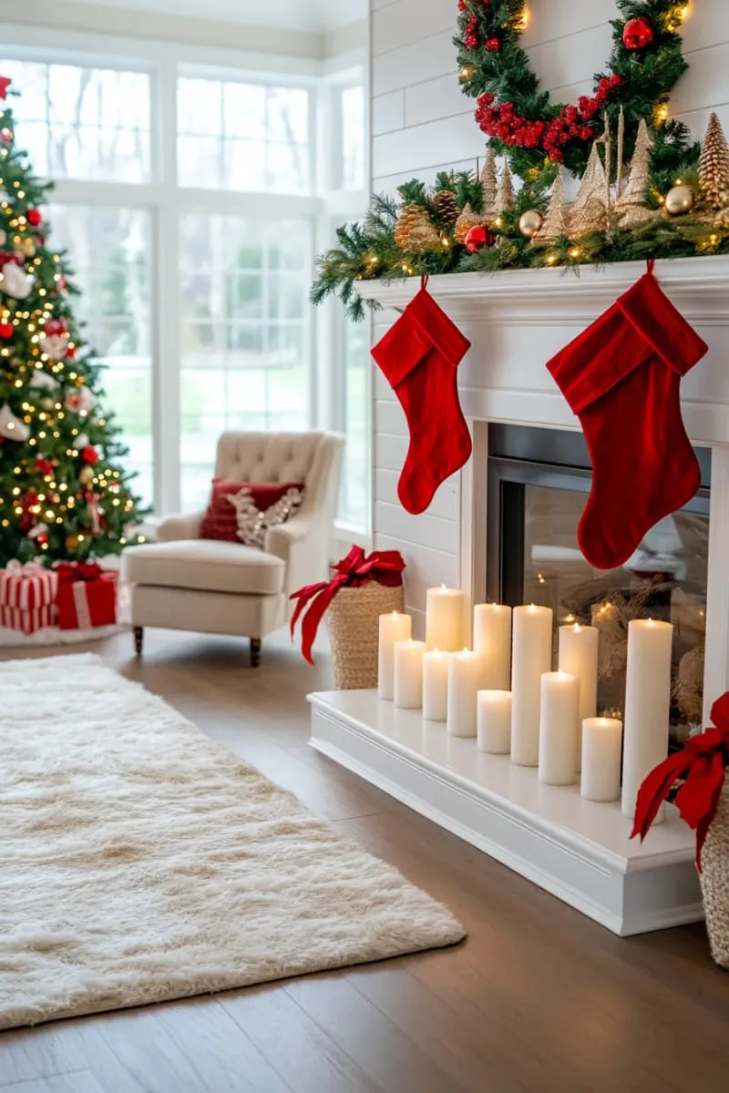 red velvet ribbon tied around white pillar candles 1