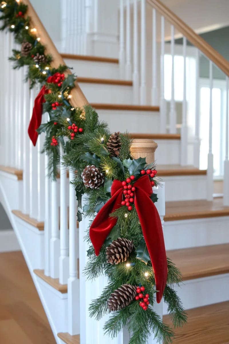 red velvet ribbons cascading from lush pine garlands on stair railings 1