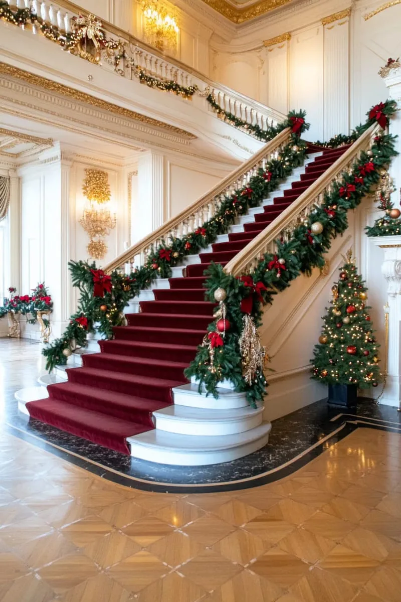 25 Traditional Christmas Decor Ideas with a Nostalgic Vintage Touch 3 red velvet ribbons cascading from lush pine garlands on stair railings 1