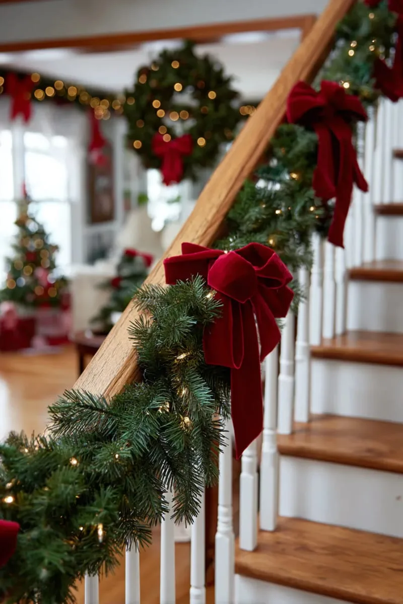 25 Traditional Christmas Decor Ideas with a Nostalgic Vintage Touch 4 red velvet ribbons cascading from lush pine garlands on stair railings 1