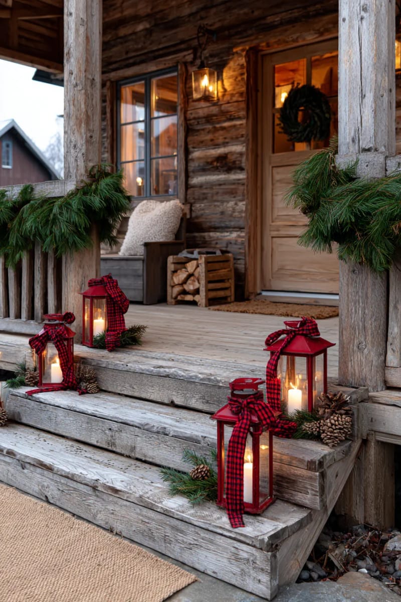 red vintage lanterns with candlelight and plaid ribbons on each step. 1