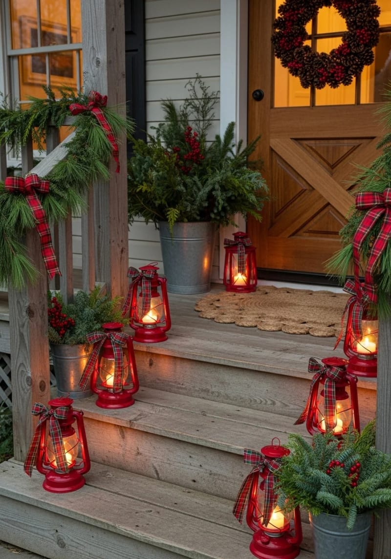 red vintage lanterns with candlelight and plaid ribbons on each step. 1